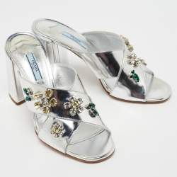 Pre Owned Prada Silver Patent Leather Crisscross Embellished Sandals Size 40