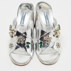 Pre Owned Prada Silver Patent Leather Crisscross Embellished Sandals Size 40