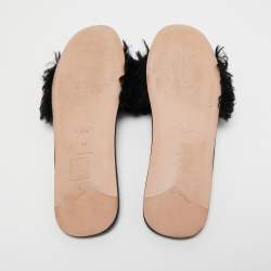 Prada Black Fur Crystal Embellished Flat Slides Size 40 