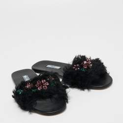 Prada Black Fur Crystal Embellished Flat Slides Size 40 