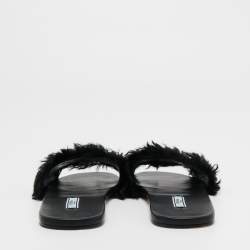 Prada Black Fur Crystal Embellished Flat Slides Size 40 