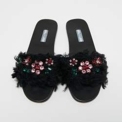 Prada Black Fur Crystal Embellished Flat Slides Size 40 