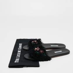 Prada Black Fur Crystal Embellished Flat Slides Size 40 
