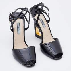 Prada Black Patent Leather Wedge Criss Cross Sandals Size 39