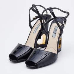Prada Black Patent Leather Wedge Criss Cross Sandals Size 39