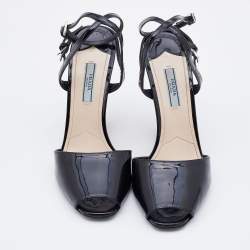 Prada Black Patent Leather Wedge Criss Cross Sandals Size 39