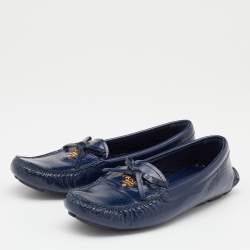 Prada Navy Blue Patent Leather Bow Slip On Loafers Size 38