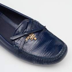 Prada Navy Blue Patent Leather Bow Slip On Loafers Size 38