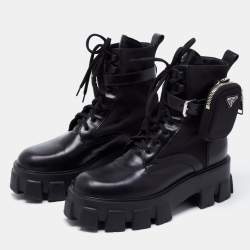 Pre Owned Prada Black Leather Monolith Boots Size 39