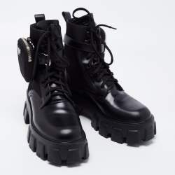 Pre Owned Prada Black Leather Monolith Boots Size 39