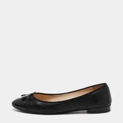Pre Owned Prada Black Leather And Patent Cap Toe Bow Ballet Flats Size 39