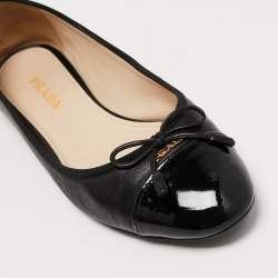 Pre Owned Prada Black Leather And Patent Cap Toe Bow Ballet Flats Size 39