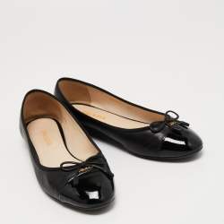 Pre Owned Prada Black Leather And Patent Cap Toe Bow Ballet Flats Size 39