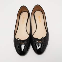Pre Owned Prada Black Leather And Patent Cap Toe Bow Ballet Flats Size 39