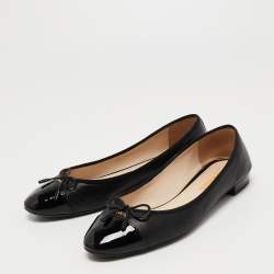Pre Owned Prada Black Leather And Patent Cap Toe Bow Ballet Flats Size 39