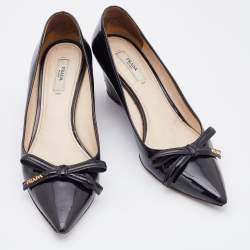 Prada Black Patent Leather Bow Detail Pointed Toe Wedge Pumps Size 37