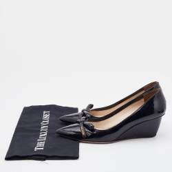 Prada Black Patent Leather Bow Detail Pointed Toe Wedge Pumps Size 37