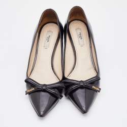 Prada Black Patent Leather Bow Detail Pointed Toe Wedge Pumps Size 37
