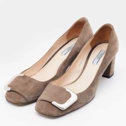 Pre Owned Prada Grey Suede Embellished Block Heel Pumps Size 36.5