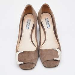 Pre Owned Prada Grey Suede Embellished Block Heel Pumps Size 36.5