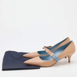 Prada Beige Leather Pointed Toe Mary Jane Bow Pumps Size 39.5