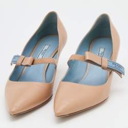 Prada Beige Leather Pointed Toe Mary Jane Bow Pumps Size 39.5