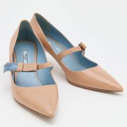 Prada Beige Leather Pointed Toe Mary Jane Bow Pumps Size 39.5