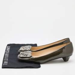 Prada Metallic Dark Grey Patent Leather Crystal Square Toe Pumps Size 38