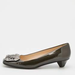 Prada Metallic Dark Grey Patent Leather Crystal Square Toe Pumps Size 38