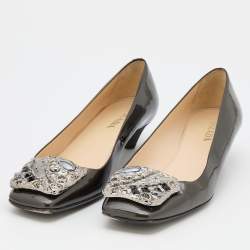 Prada Metallic Dark Grey Patent Leather Crystal Square Toe Pumps Size 38