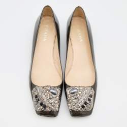 Prada Metallic Dark Grey Patent Leather Crystal Square Toe Pumps Size 38