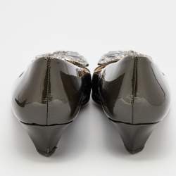 Prada Metallic Dark Grey Patent Leather Crystal Square Toe Pumps Size 38