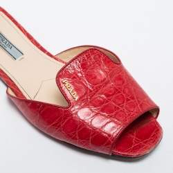 Prada Red Croc Embossed Leather Slides Size 38