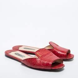 Prada Red Croc Embossed Leather Slides Size 38