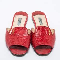 Prada Red Croc Embossed Leather Slides Size 38
