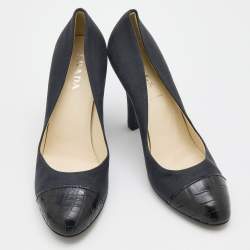 Pre Owned Prada Dark Grey/Black Fabric and Croc Embossed Leather Cap Toe Pumps Size 37
