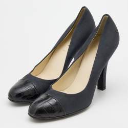 Pre Owned Prada Dark Grey/Black Fabric and Croc Embossed Leather Cap Toe Pumps Size 37