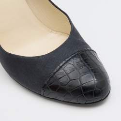 Pre Owned Prada Dark Grey/Black Fabric and Croc Embossed Leather Cap Toe Pumps Size 37