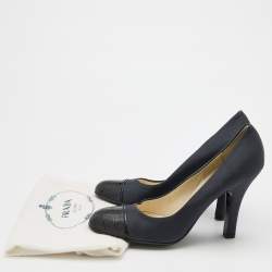 Pre Owned Prada Dark Grey/Black Fabric and Croc Embossed Leather Cap Toe Pumps Size 37