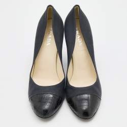 Pre Owned Prada Dark Grey/Black Fabric and Croc Embossed Leather Cap Toe Pumps Size 37