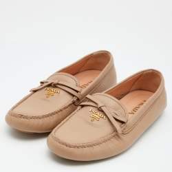 Pre Owned Prada Beige Leather Bow Slip on Loafers Size 39