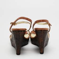 Prada Brown Croc Embossed Leather Wedge Ankle Strap  Sandals Size 39