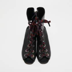 Pre Owned Prada Black Leather Cut Out Lace Up Open Toe Block Heel Ankle Boots Size 37.5