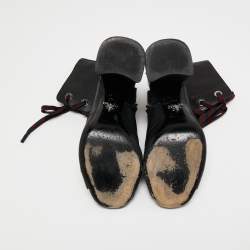 Pre Owned Prada Black Leather Cut Out Lace Up Open Toe Block Heel Ankle Boots Size 37.5