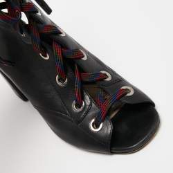 Pre Owned Prada Black Leather Cut Out Lace Up Open Toe Block Heel Ankle Boots Size 37.5