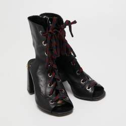 Pre Owned Prada Black Leather Cut Out Lace Up Open Toe Block Heel Ankle Boots Size 37.5