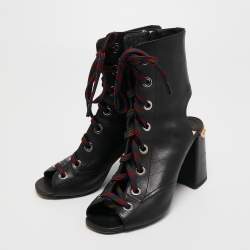 Pre Owned Prada Black Leather Cut Out Lace Up Open Toe Block Heel Ankle Boots Size 37.5
