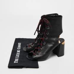 Pre Owned Prada Black Leather Cut Out Lace Up Open Toe Block Heel Ankle Boots Size 37.5