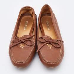 Pre Owned Prada Brown Leather Bow Slip On Loafers Size 36