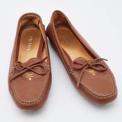 Pre Owned Prada Brown Leather Bow Slip On Loafers Size 36